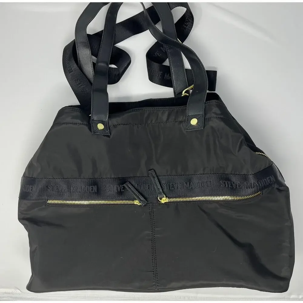 Steve Madden Weekender Bag Black with Gold Hardware, Handles and Shoulder Strap